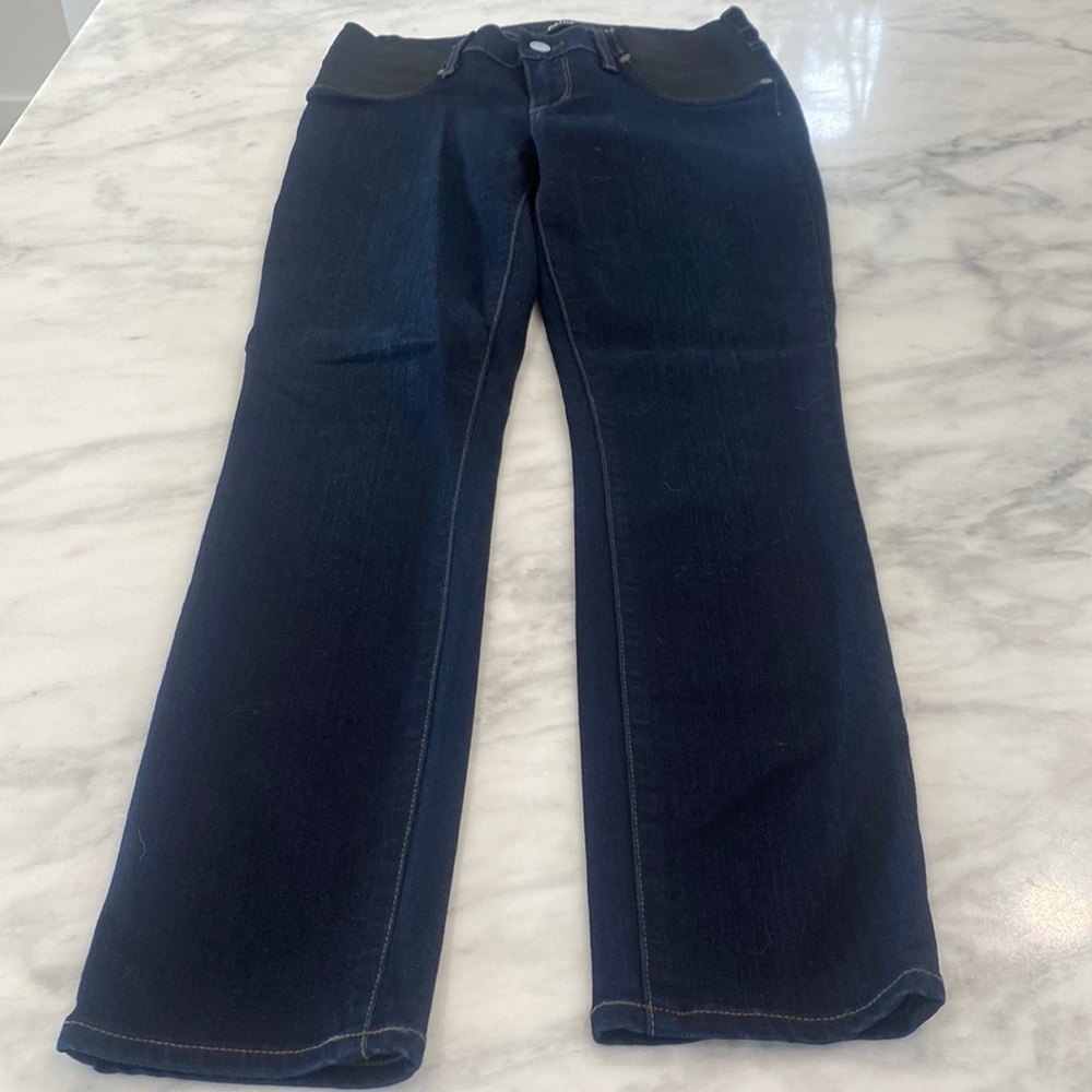 PAIGE Maternity skinny jeans. Deep blue with black elastic band.